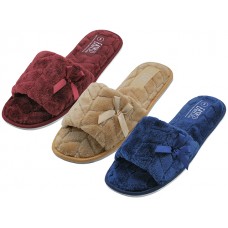 S338L-A - Wholesale Women's Open Toes Slides Velour House Slippers. （*Mid. Blue, Maroon & Beige)