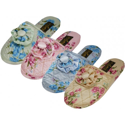 S533-L - Wholesale Women&#39;s Satin Floral Bedroom Slippers