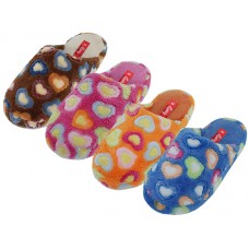 S6394L-A - Wholesale Women's "Easy USA" Heart Printed Plush House Slippers (*Asst. Fuchsia. Brown. Blue & Yellow)