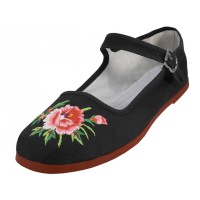 T2-114LB-EMB - Wholesale Women's "Easy USA" Floral Embroidered Cotton Upper Classic Mary Janes Shoe (*Black Color) *Available In Single Size