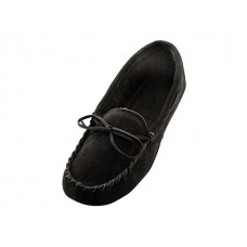 W080003-B - Wholesale Women's "Easy USA" Insulated Leather Upper Moccasins House Slipper (*Black Color)