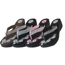 W1199L-A - Wholesale Women's "EasyUSA" Flower Print Wedge With Rhinestone Look Flip Flops ( *Asst. Black Blue Brown And Silver )