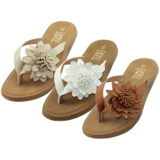 W5223-A - Wholesale Women Flower Thong Sandals (Brown, White & Beige).