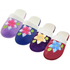 W7450-A - Wholesale Women's Satin Velour Floral Embroidery Upper Close Toe House Slippers ( *Asst. Fuchsia, Wine, Royal And Navy )  *Last 3 Case
