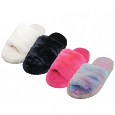 Z3003L-A - Wholesale Women's "Easy USA" Soft Fuzzy Plush Upper with Elastic Sling Back House Slippers (*Asst. Hot Pink. Black Beige & Rainbow Print)
