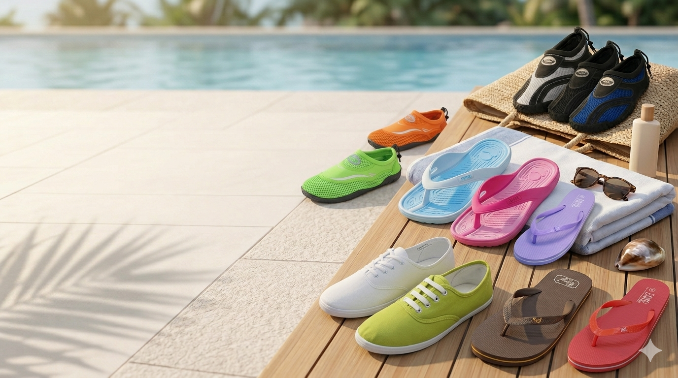 Summer 2026 wholesale footwear collection featuring water shoes, sandals, canvas sneakers, and seasonal styles