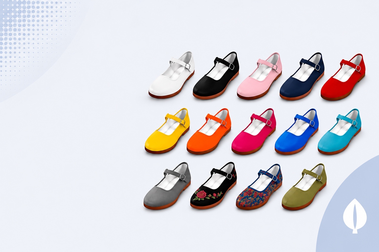 Colorful wholesale Mary Jane shoes in cotton, velvet, and brocade styles arranged on a soft blue background.